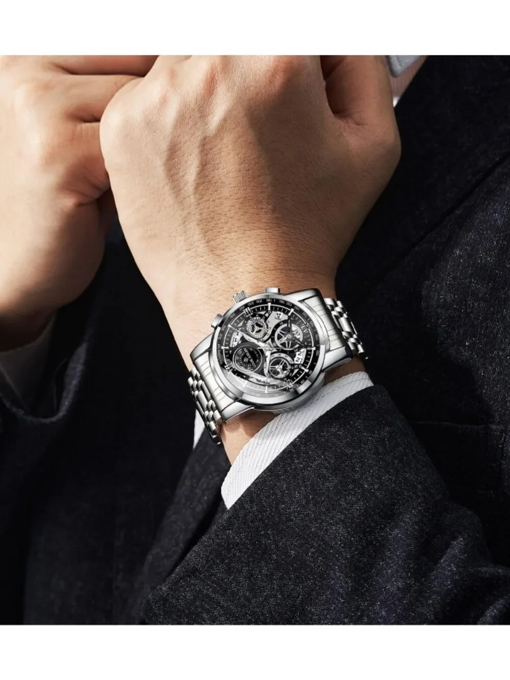 Men's Black Silver Chronograph Quartz Analog Stainless Steel Waterproof Watch